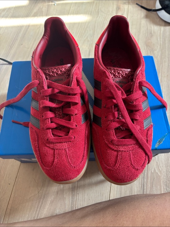 adidas Shoes - adidas Women Red Suede Sneakers with Black Stripes